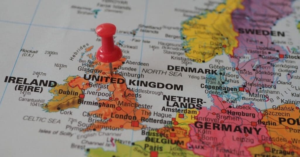 downloaded-image Red pushpin marking a location on the United Kingdom map in Europe.