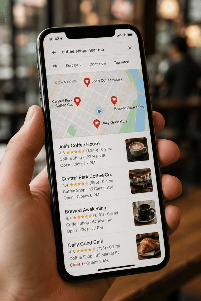 downloaded-image Smartphone displays a map showing nearby coffee shops with red pins and a search bar reading 'coffee shops near me'
