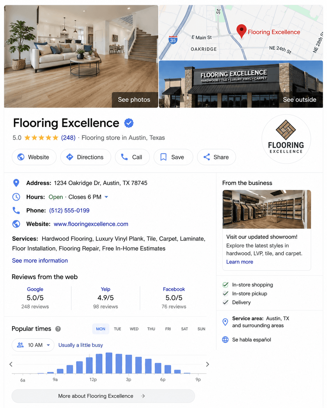Google business profile for Flooring Excellence showing an interior showroom, map pin, and storefront with logo and name nearby.